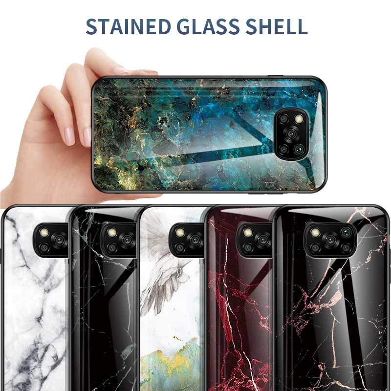 

For Xiaomi Pocophone Poco X3 NFC Case Luxury Marble Grain Hard Tempered Glass Protective Back Cover Case for Xiaomi Poco X3 Pro