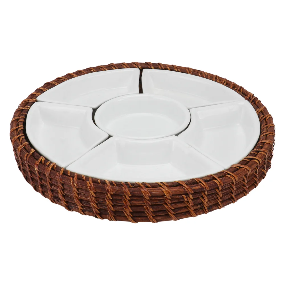 

1 Set of Festival Snack Tray Waterproof Fruit Plate Rattan Woven Ceramic Tray