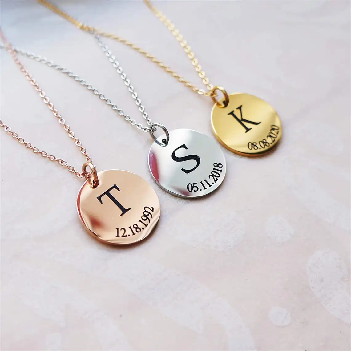 

Engraved Initial Date Birthdate Necklace Custom Stainless Steel Disc Pendant Personalized Jewelry Anniversary Gift for Mom Woman