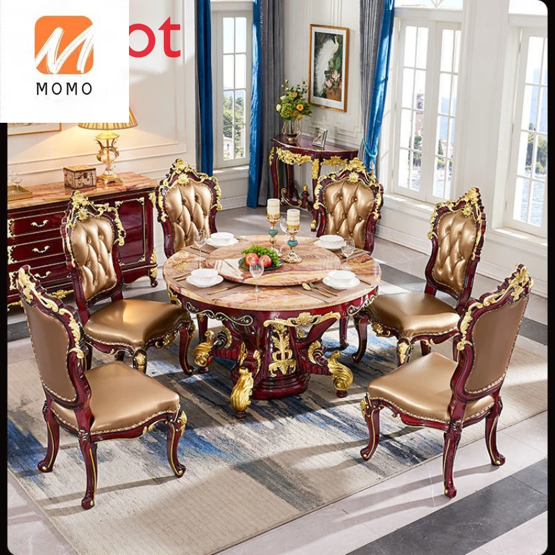 

Round Dining Tables and Chairs Set Marble Hot Pot Table Wood Carved round Red Sandalwood Household Dining Table with Turntable