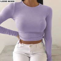 womens streetwear basic tee shirts for women white black purple bandage long sleeve slim crop top clothing sexy o neck t shirt
