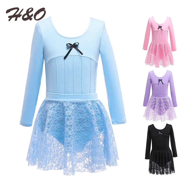 

Детское милое балетное платье-пачка с бантом и длинными рукавами, кружевное балетное платье, танцевальное трико с шифоновой балетной юбкой, комплект гимнастического трико для девочек