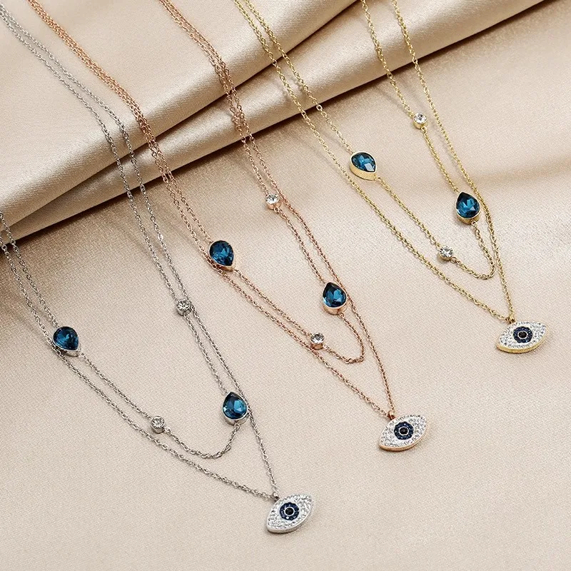 Evil Eye Blue Cubic Zirconia Layered Chain Necklace Clavicle Long Chain Statement Pendent For Women Fashion Jewelry Gifts