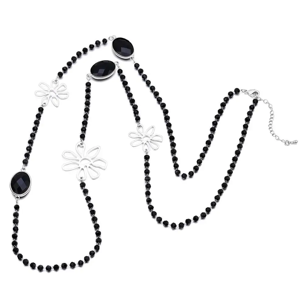 Черный бисер цепочка длинное ожерелье для женщин серебристый цветок с красным