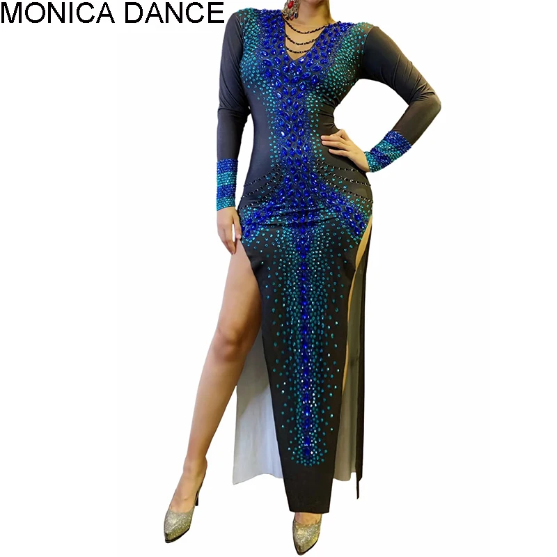 

Сексуальная сцена Игристые Синие стразы платье сексуальное Обёрточная бумага, свернуто на бедре, длинный рукав, платье для выпускного вечера Женские вечернее платье костюм для праздника хост наряд