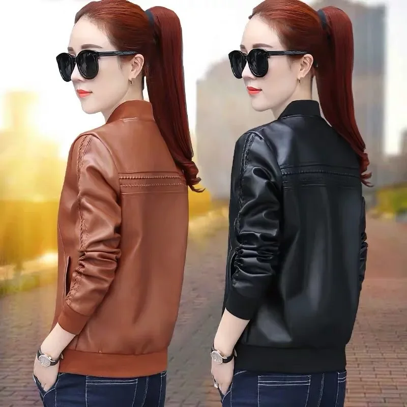 

2022Spring Autumn New Slim Stand-UP Collar Baseball Uniform Plus Velvet Thick PU Outwear Female Leather Jacket Short Coat Women