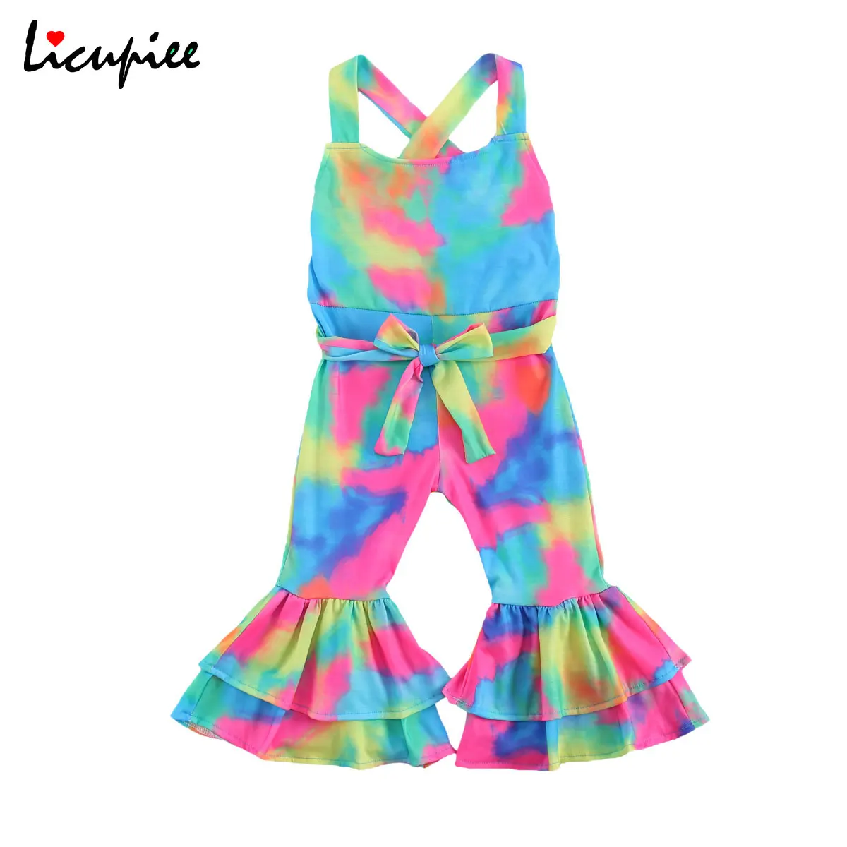 

Colorful Young Girl's Bodysuit, Cross Strap Sling Bell-bottom Trousers Bow-tie Cloth Belt for Summer and Late Spring 1-6 Years