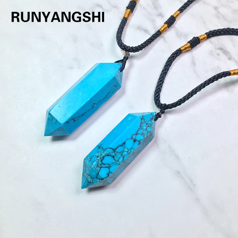 

Runyangshi 1 шт., привлекательный бирюзовый камень, кристалл, двойная заостренная шестиугольная призма, ручной полированный кулон, ожерелье DIY