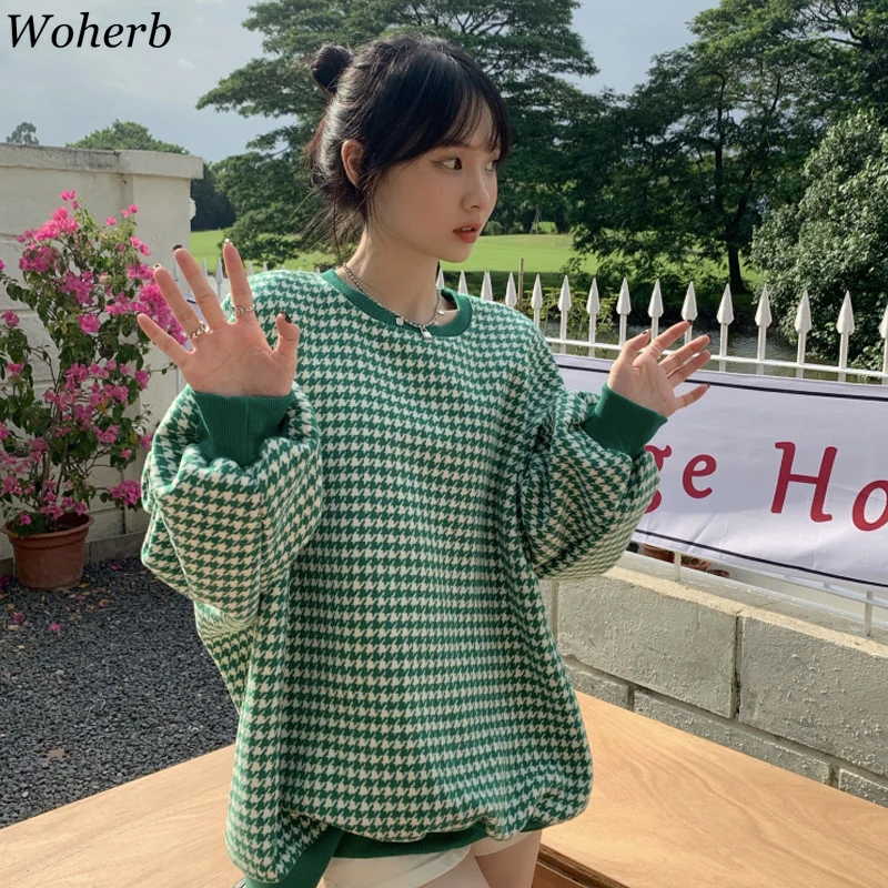 Woherb Корейская толстовка женские модные клетчатые пуловеры с круглым вырезом и
