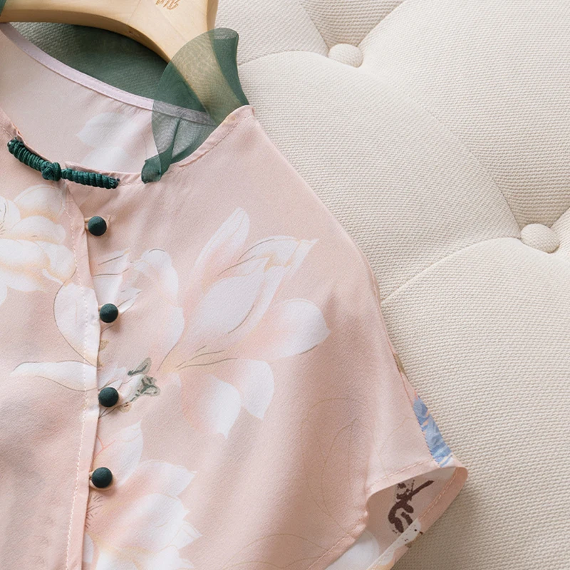 

Chinese Style 100% Natural Silk Women Tops Blouses 2021 Summer Elegant Stand Collar Short Sleeve Print Blouse Real Silk Shirt