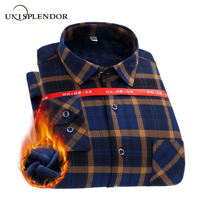 Unisplendor теплая Клетчатая Мужская рубашка Повседневная утолщенная мужская зима