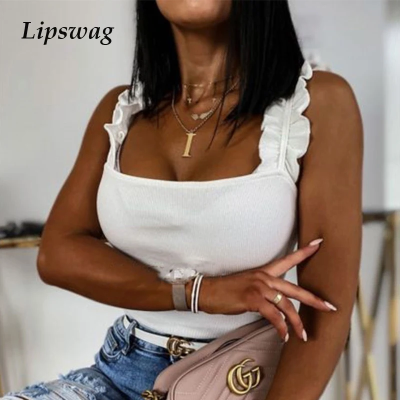 Блузка женская трикотажная в рубчик элегантная рубашка на бретелях с оборками