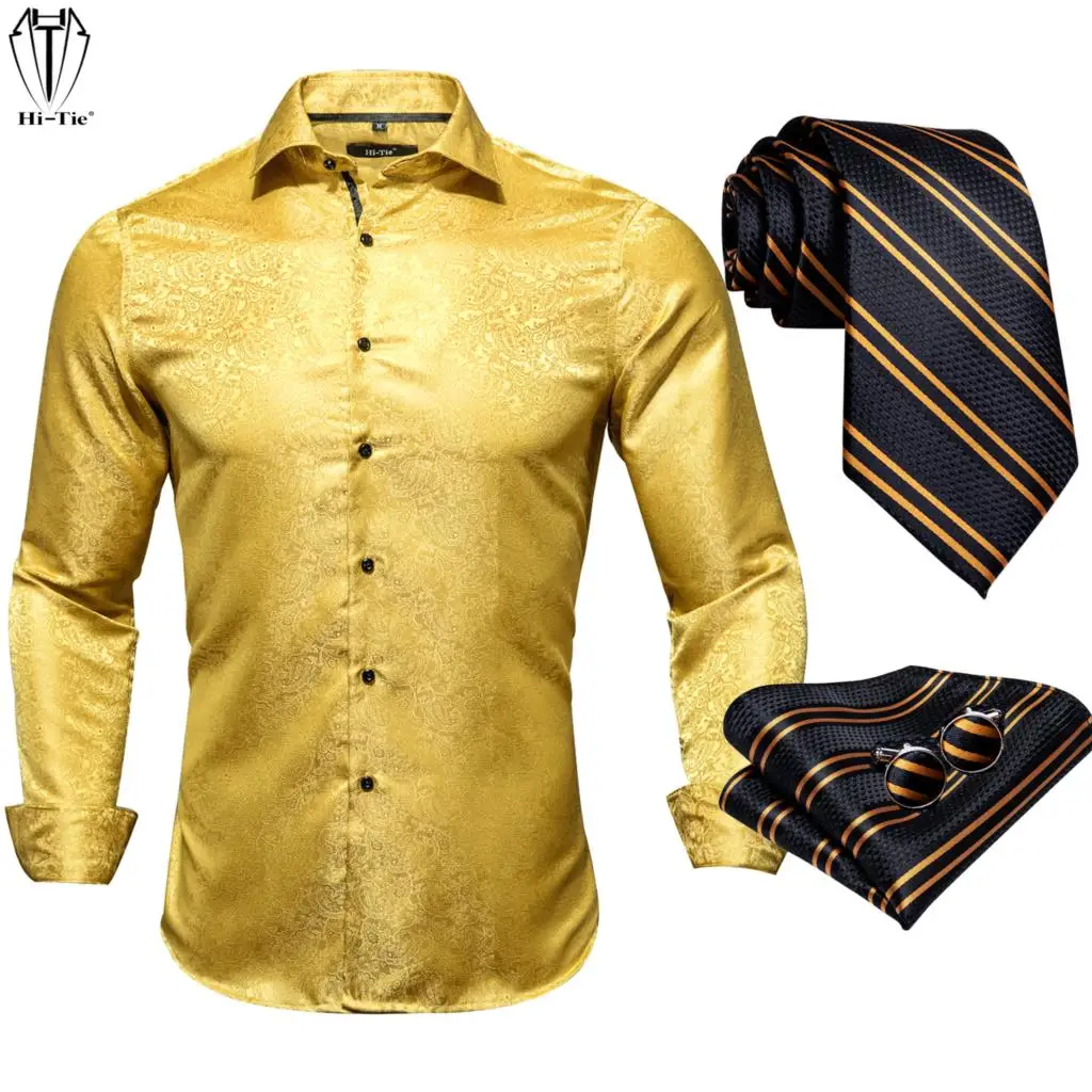 

Hi-Tie, шелковые мужские рубашки с длинным рукавом, Золотая рубашка с пейсли, черная полосатая рубашка с воротником, галстук с карманом, квадра...