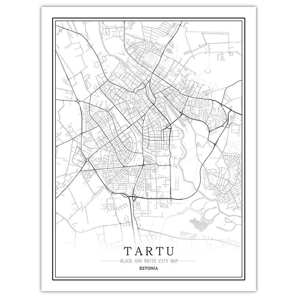 Черно-белая карта мира, Таллинн, Саку, Тарту, вилянди, гостиная, домашний декор, настенные художественные рисунки, панно, картины - Цвет: Tartu