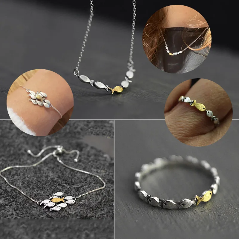 

Couple Lovers Swimming Fish Jewelry Sets Two-tone School of Fish Shaped Ring Bracelet Necklace for Women Men Party