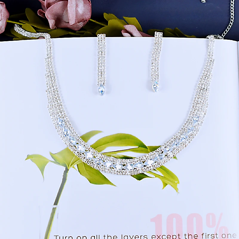 

shine Bridal Jewelry Zircon Classic Elegant Tassel Crystal Rhinestone Wedding Necklace Earring Bracelet Set Women Choker