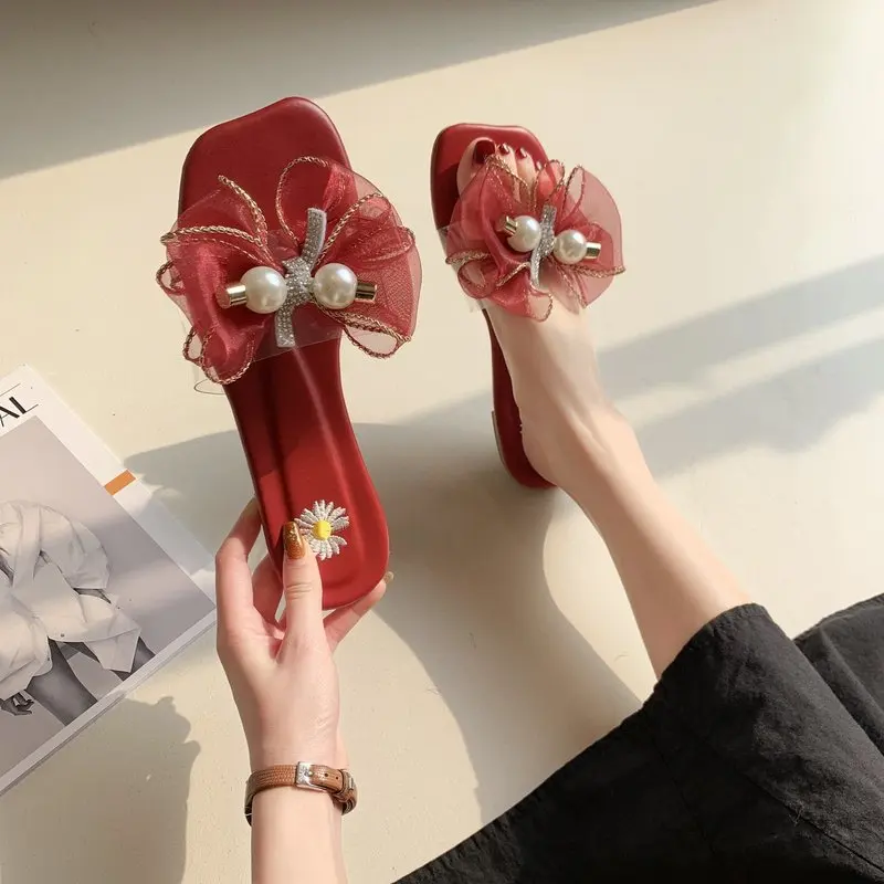 

Shoes Women Transparent Slippers Slides Butterfly-Knot Low Pantofle Soft Summer Flat 2021 Basic Rubber Butterfly-knot PU