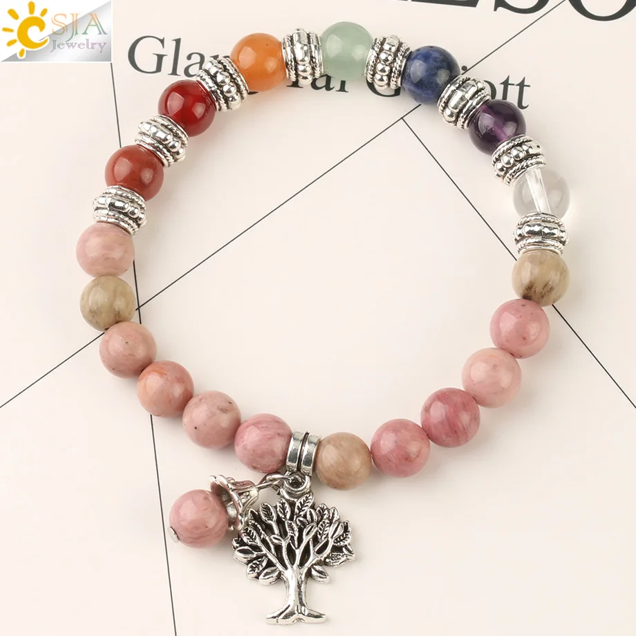 Line Rhodonite Csja рейки натуральный камень 7 Чакра Дерево жизни браслет смешанные цвета бисера Баланс йога браслет для женщин мужчин целебные ювелирные изделия G166 - Окраска металла: Line Rhodonite
