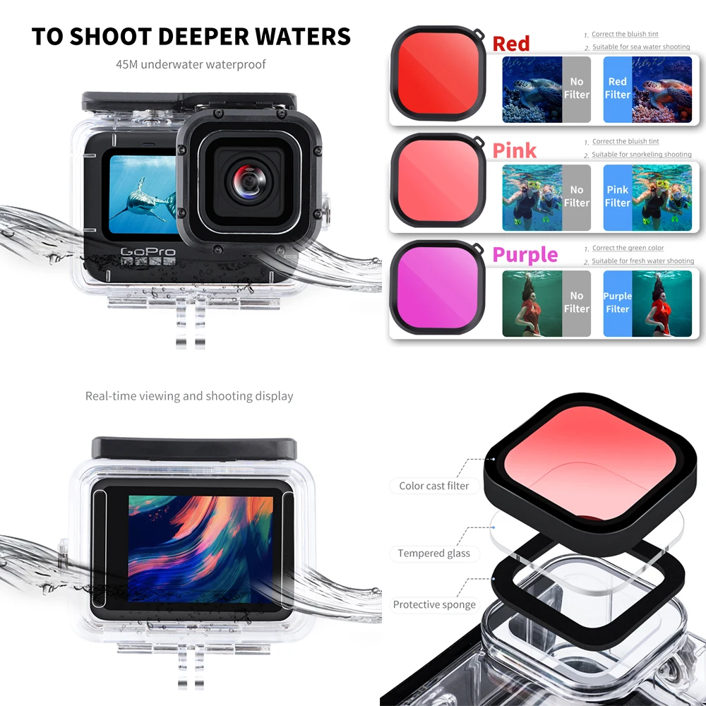 Набор черных аксессуаров для GoPro Hero 10 9 водонепроницаемый корпус силиконовый