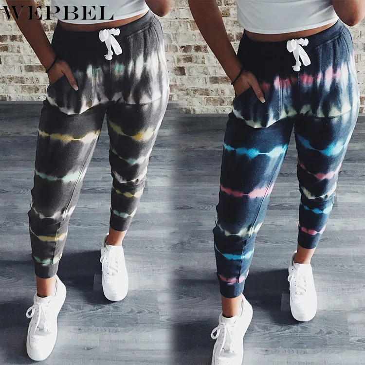 

WEPBEL Trousers Summer Lace-up Loose Mid Waist Pocket Trousers Women's Casual Tie-Dyed Printed Striped Sports Pencil Pants