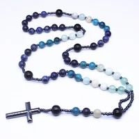 design semi precious stone beads rosary jewelry for men dark blue amazonite natural stone with cross pendant women necklaces