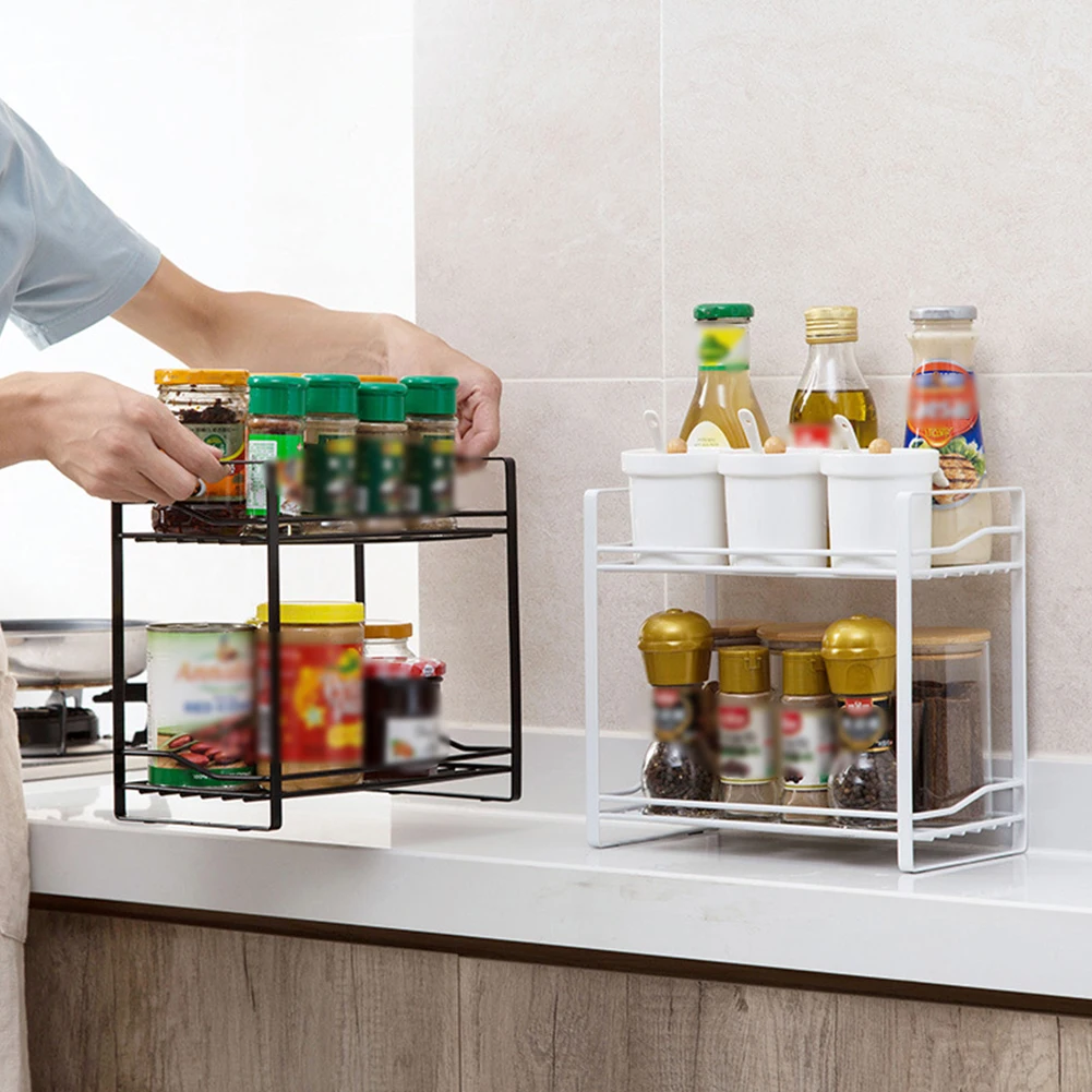 

Portable Rack Iron Art Seasoning Bottle Saving Space Countertop 2 Tier Durable Storage Shelf Organizer Stand Kitchen