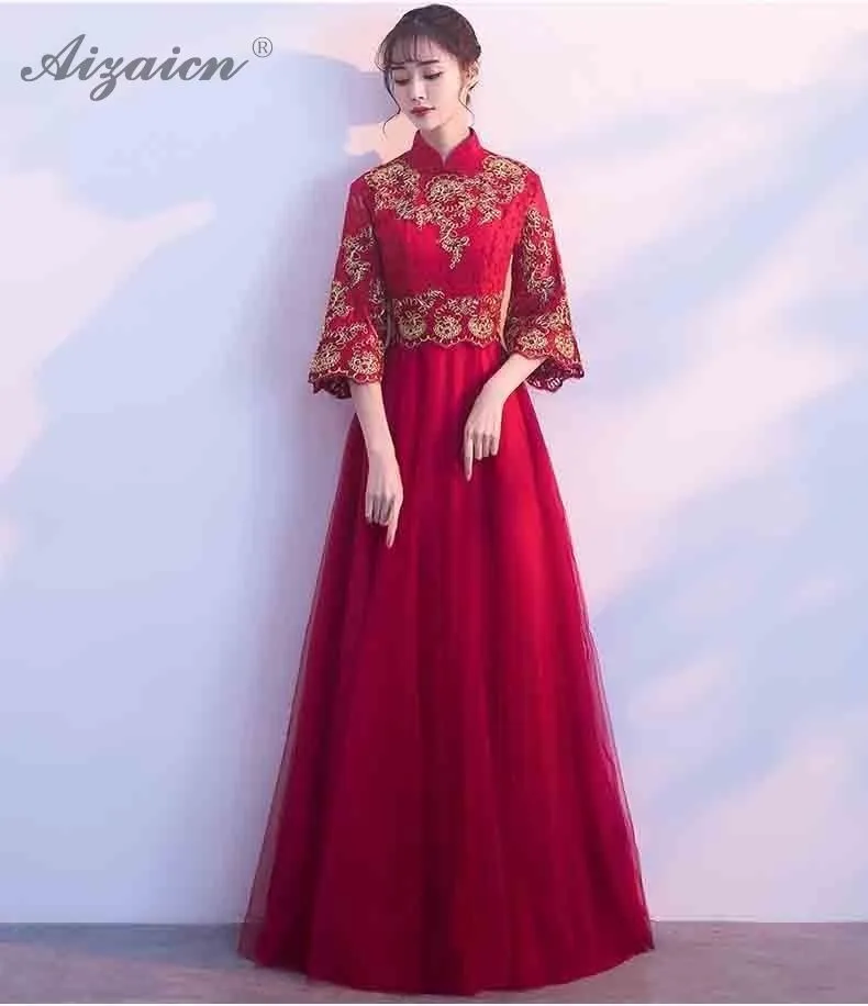 Современное китайское платье, кружевное, Ципао, винтажное, Cheongsam, платья подружек невесты, винно-красное, с роговыми рукавами, Qi Pao, традиционное вечернее платье