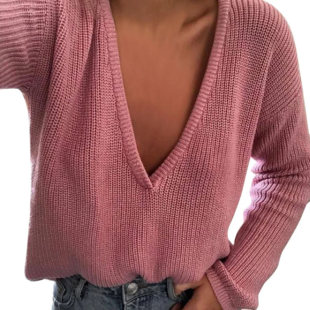 Sweater Women Oversize Female Casual Deep V Neck Knitted Jumper Tops Long Sleeves Women's Chic Tricot |