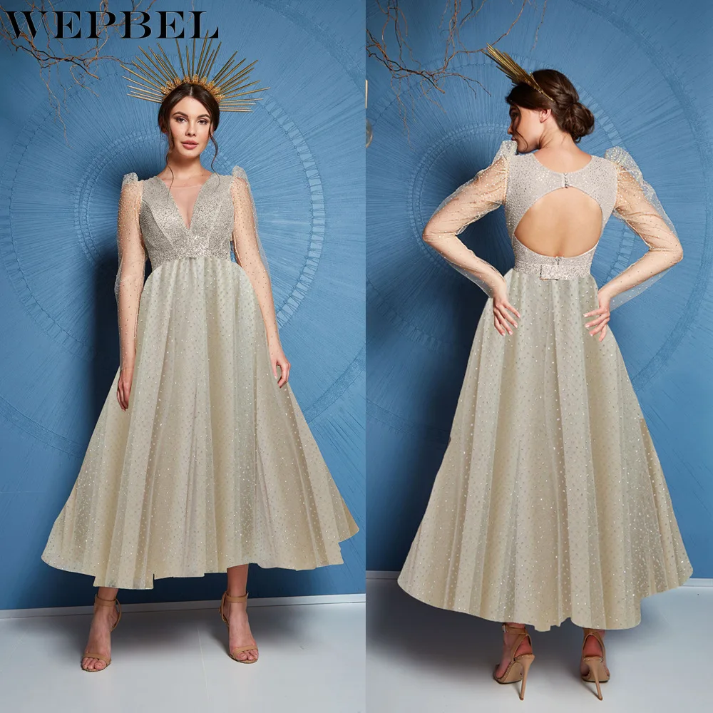 

WEPBEL Dress Elegant Sequins High Waist Backless Party Dress Women's Sexy Long Sleeve Mesh See-through V-neck Pleated Dress