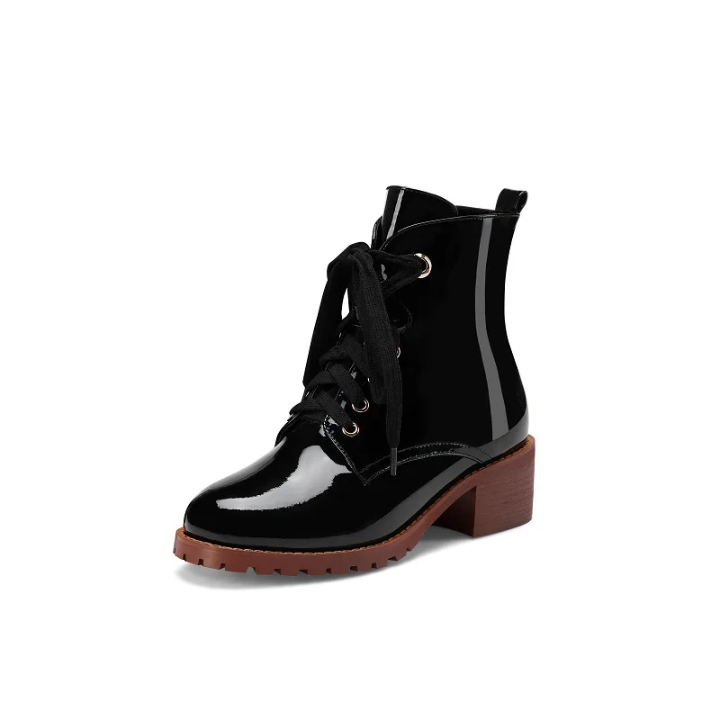 Beli Asli Tujuan Populer Ringkas Lace-Up Round Toe Square Heels Sepatu Semata Kaki Kulit Berkualitas Tinggi Sepatu Wanita Ukuran US 3 -13