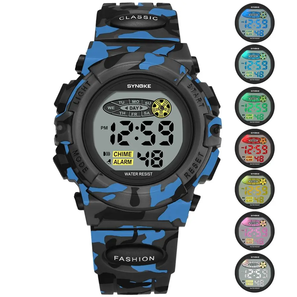 light blue SYNOKE Sports Military Kids Digital Watches Student Children's Watch Fashion Luminous Led Alarm Camouflage Green Boy Clock - Цвет: light blue