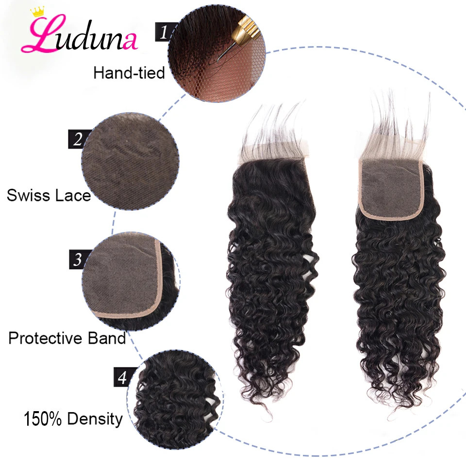 Luduna пучки волнистых волос с закрытием бразильские Remy человеческие волосы 3 пучка