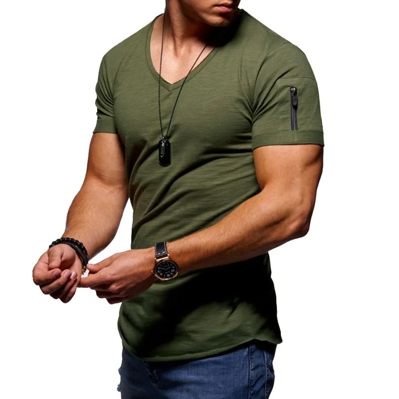 

Summer Men's Brand T-Shirts Men's V-Neck Stretch Arm Zipper Solid Color Large Size Short-Sleeved T-Shirts Can Be Customized LOGO