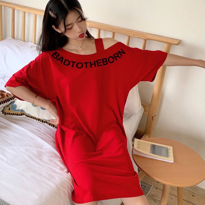 

Sexy Off-the-shoulder Female Dresses Fashion Loose Letter Print Dress Casual Short-sleeved Knee Length Dress Long T-shirt