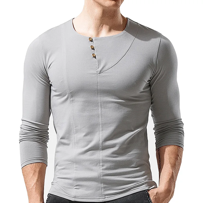 

Men's long sleeve round neck T-shirt solid color fashion casual buckle men clothing