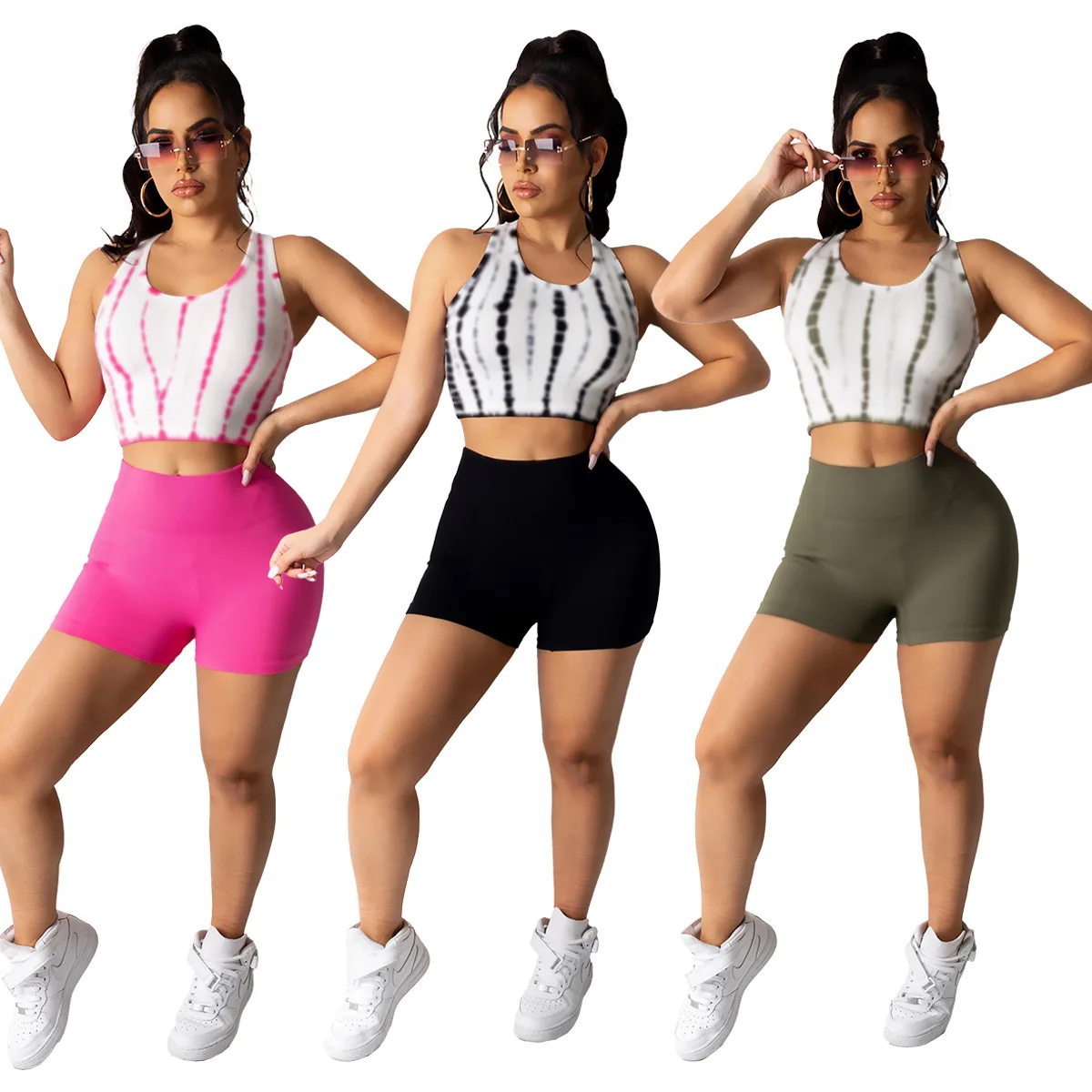

2021 Casaul Print Tie Dye SportsUIT Crop Tank Top And Short Pants Tracksuit Women Suit Female Outfit