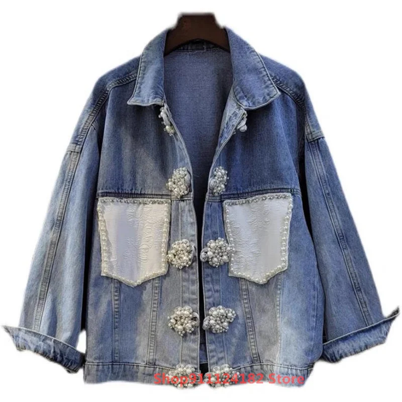 

European fashion brand denim women's spring New new beaded disc buckle design jacket temperament fashion cardigan jacket