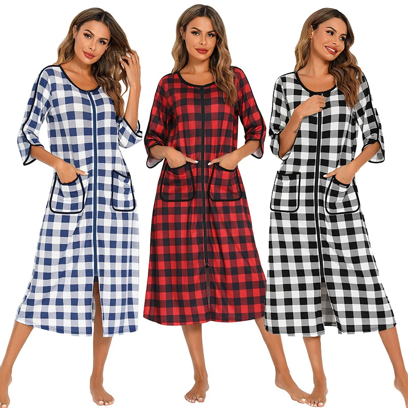 

Witbuy Long Sleepwear With Zipper Front Robes Autumn Nightgown Plaid Loungewear Maternity Bathrobe Pajamas Night Wears For Women