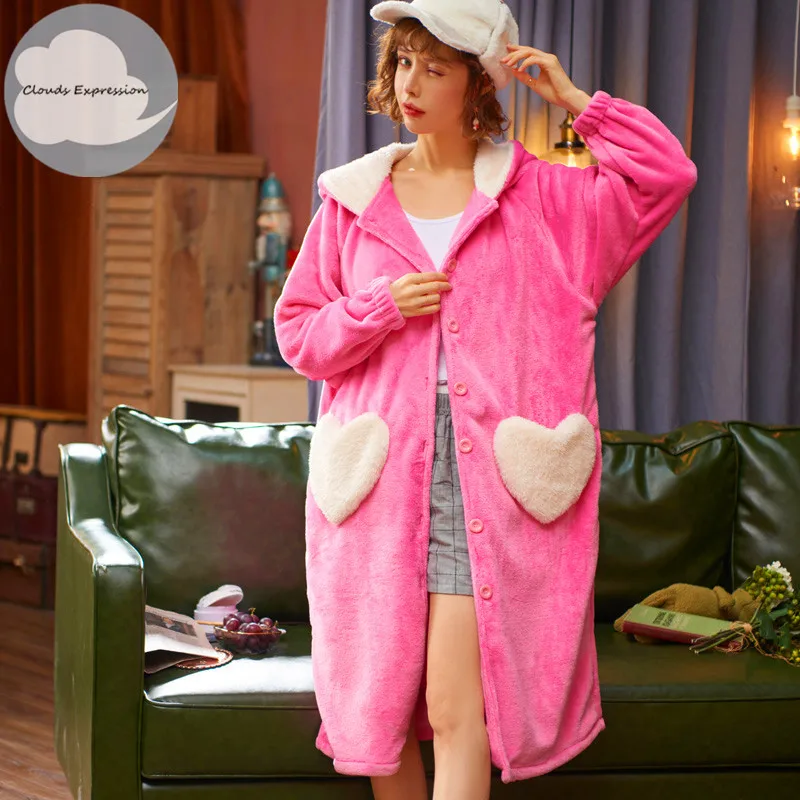 

Winter Warm Coral Fleece Pink Robe Womens Bathrobe Women's Bathrobe Nightgown Kimono New Dressing Gowns Sleepwear Home Clothing