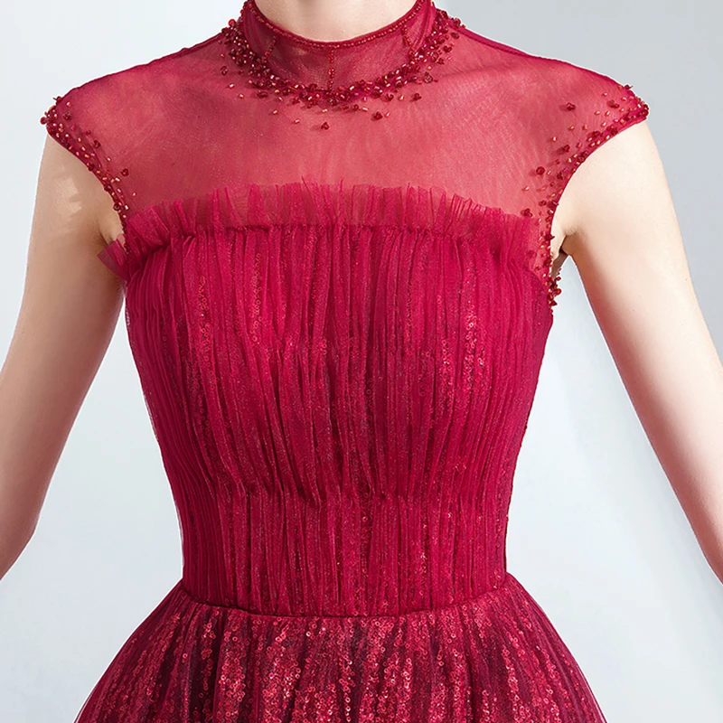 

Evening Dress Illusion O-Neck A-Line Sleeveless Pleat Beading Sequined Lace Tulle Luxury Burgundy Floor-Length Formal Gown TS522