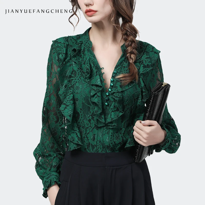 Женский кружевной топ с жемчугом элегантная ажурная блузка длинным рукавом и
