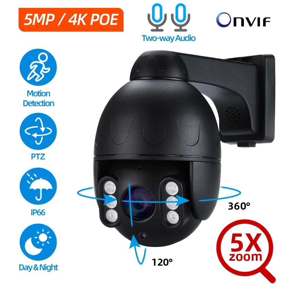 

4K PTZ IP Camera Outdoor Waterproof 5X Optical Two Way Audio POE CCTV Security Camera 5MP Night Vision Dome Camera SD Card ONVIF