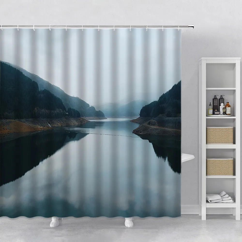 

Занавеска для душа в ванную комнату, 3d занавеска с изображением туманного пейзажа, природных деревьев, с крючками, моющийся экран для ванной...