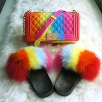 women hot selling jelly bags fur slides ladies wallet colorful rainbow jelly purses fluffy fur slippers fur slides and purse set