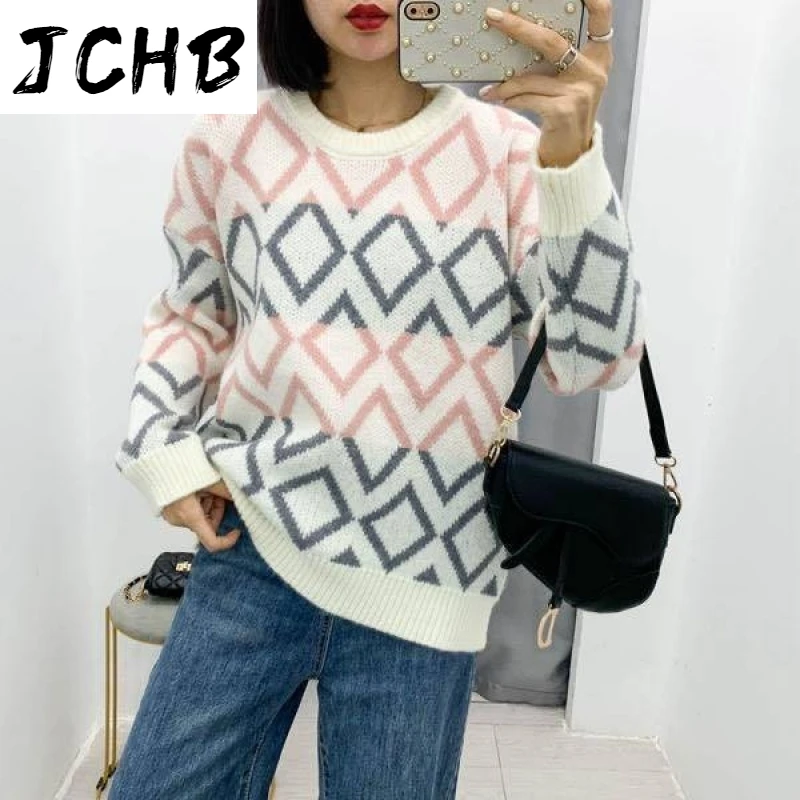 

JCHB Autumn Winter Women Pullovers Sweater Chic Argyle O Neck Knitwear Jumpers Loose Soft Acrylic Sweater Women 2021 New