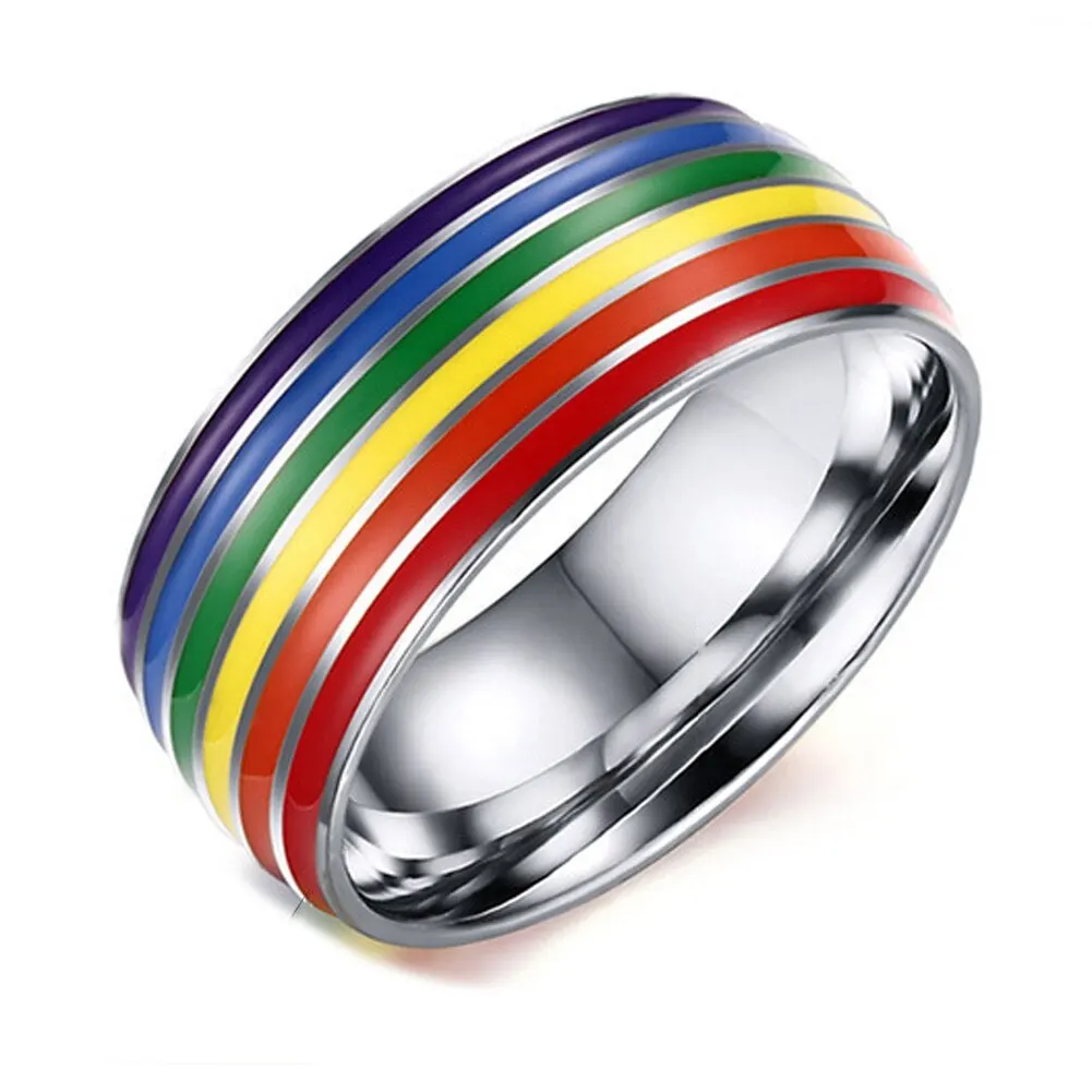 

Unisex Classic Engagement Wedding Band Ring Stainless Steel Enamel Colourful Rainbow Stripe Ring For Men Women Lover Jewelry