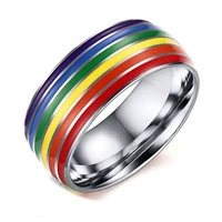 unisex classic engagement wedding band ring stainless steel enamel colourful rainbow stripe ring for men women lover jewelry