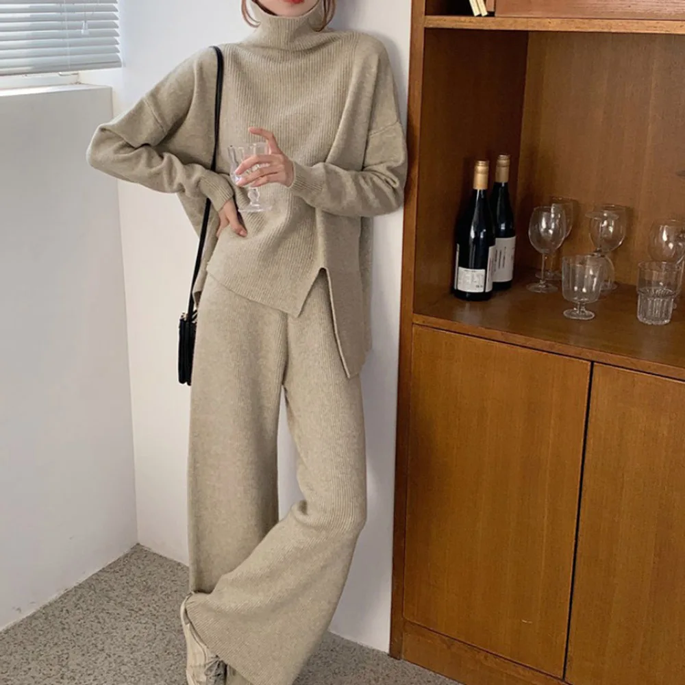 Женские комплекты из двух предметов весенний вязаный свитер и широкие брюки