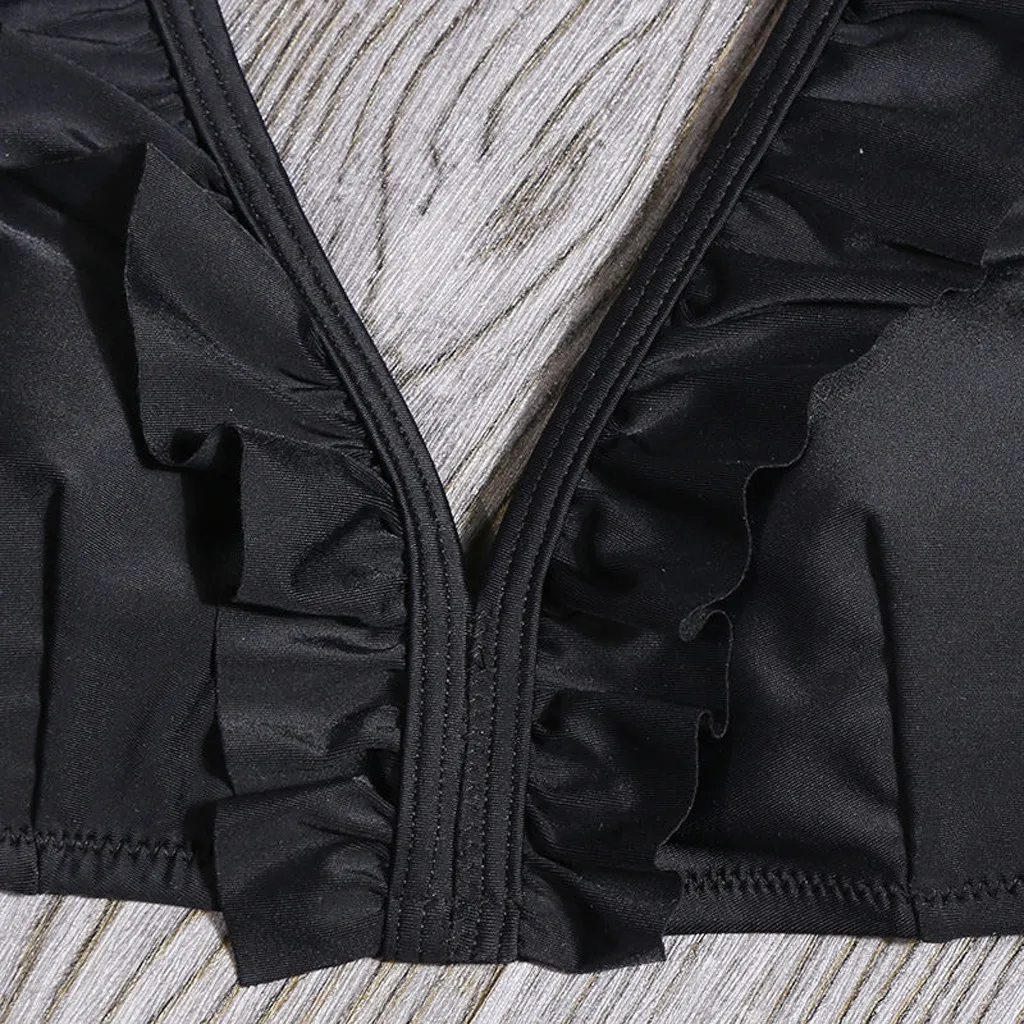 Однотонный комплект бикини с оборками купальник высокой талией и принтом