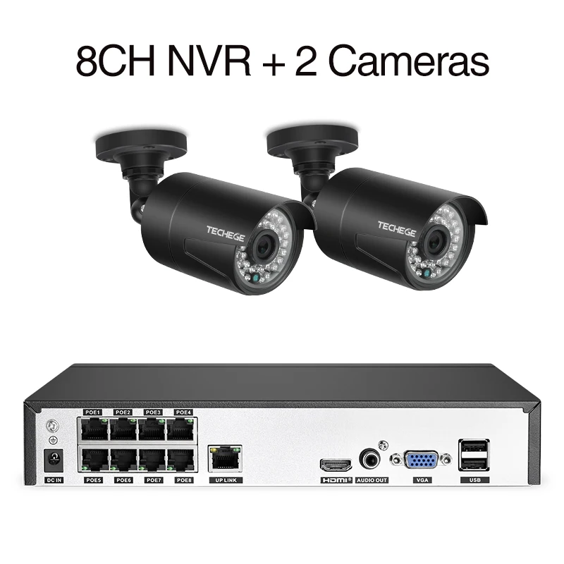 2pcs cameras Techege H.265 8CH NVR 48 в POE 1080P CCTV система 2MP IP камера Аудио запись ИК водонепроницаемый датчик движения система безопасности - Цвет: 2pcs cameras